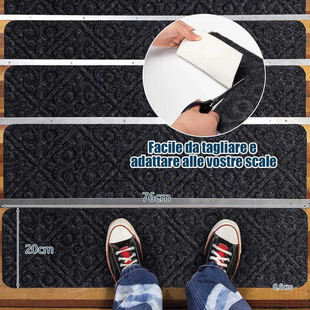 15 Tappetini Antiscivolo per Scale 76 x 20 cm, Tappeti Antiscivolo per Gradini di Scale di Legno da Interno, Tappetini Impermeabili per Scale per Bambini, Anziani e Animali (Grigio)