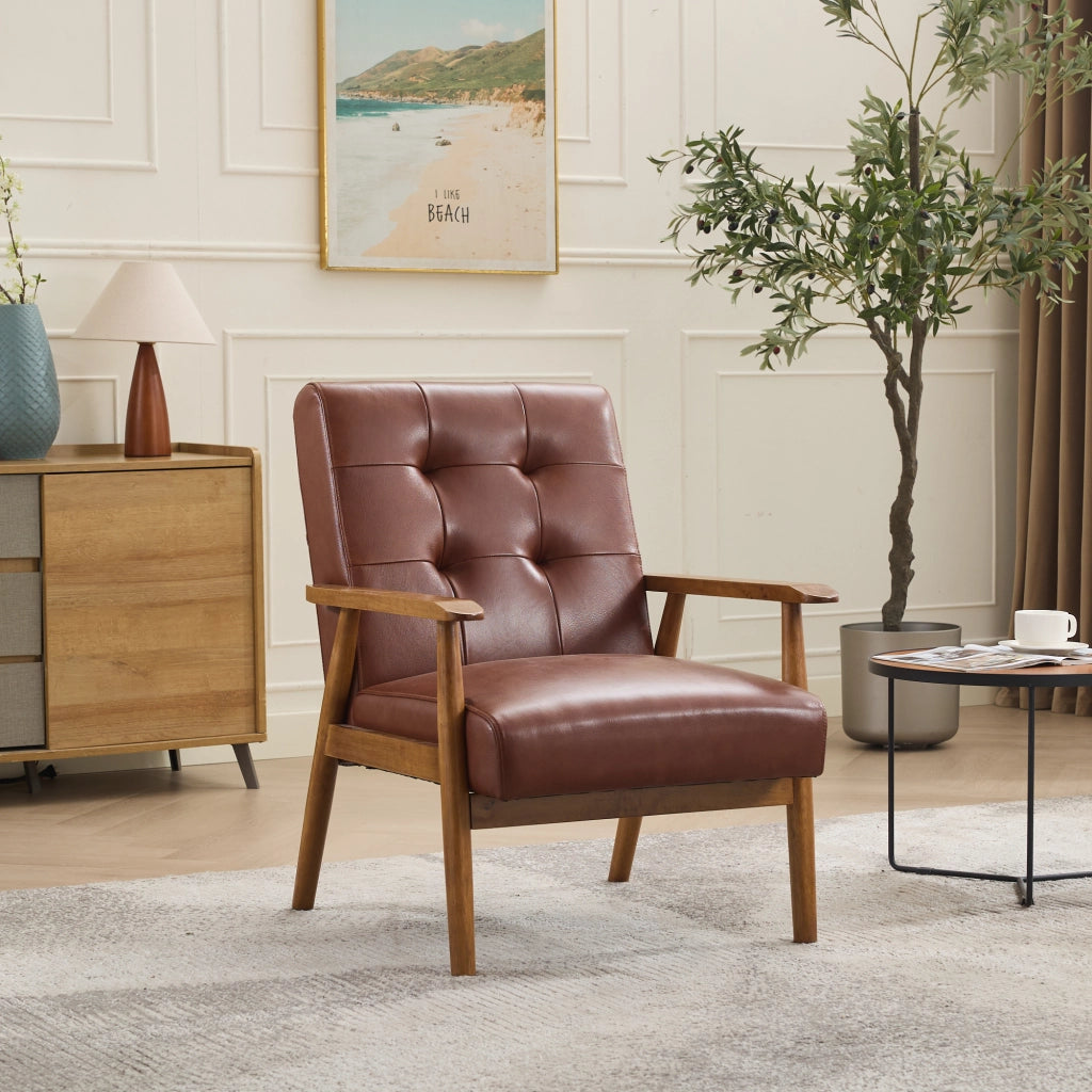 Poltrona Lounge con Schienale con Cuciture Pull-Point e Struttura Stabile, in Pelle, Legno e PVC, Marrone
