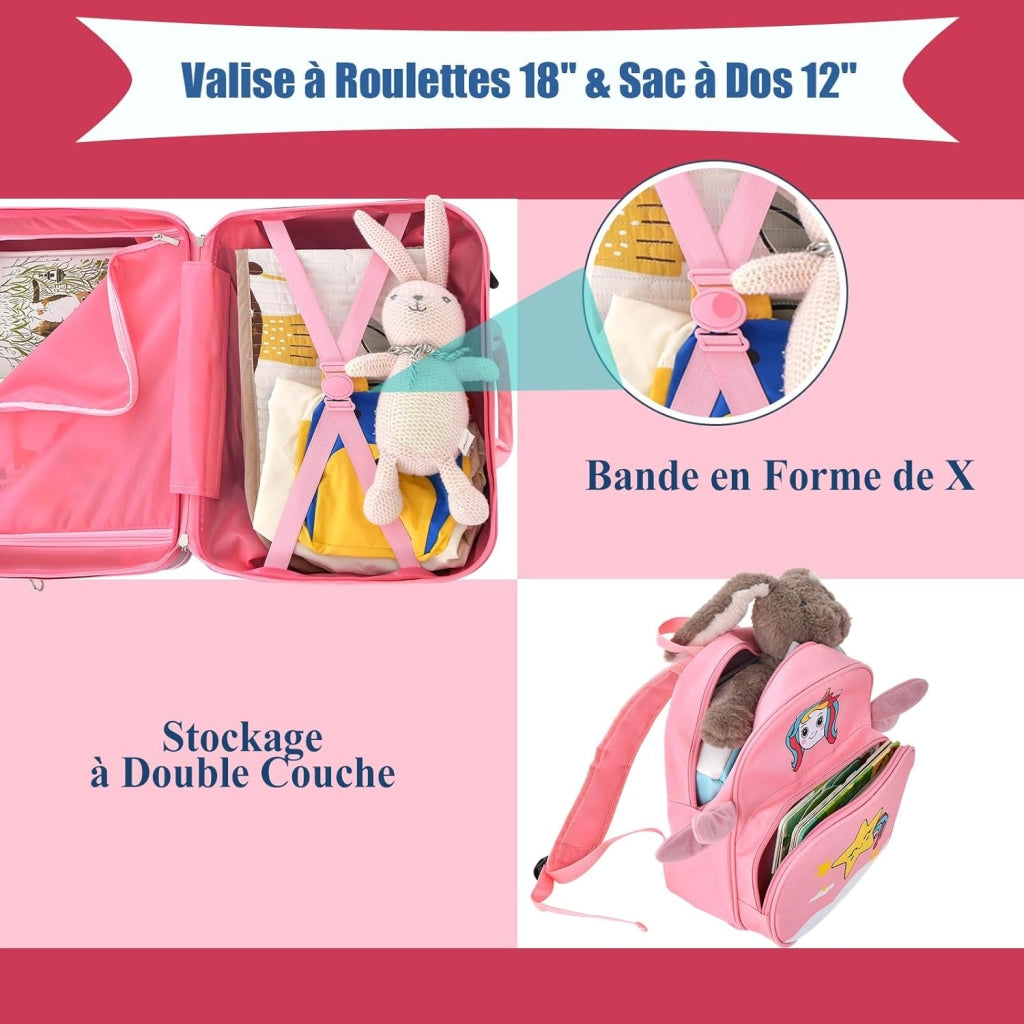 Set di Valigia Cavalcabile 18’’ + Zaino 12’’ per Bambini 2 Pezzi, Bagagli 2-in-1 di con Maniglia Telescopica e 4 Ruote, Trolley Bagaglio a Mano e Zaino per Bambini (Rosa Unicorno-C)