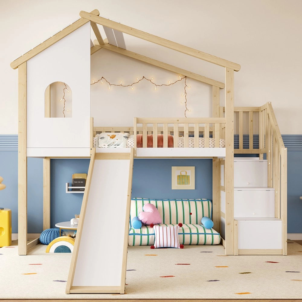 Letto a Soppalco con Scivolo e Finestra ¨C MINIMAL ¨C 90x200, Bianco/Naturale