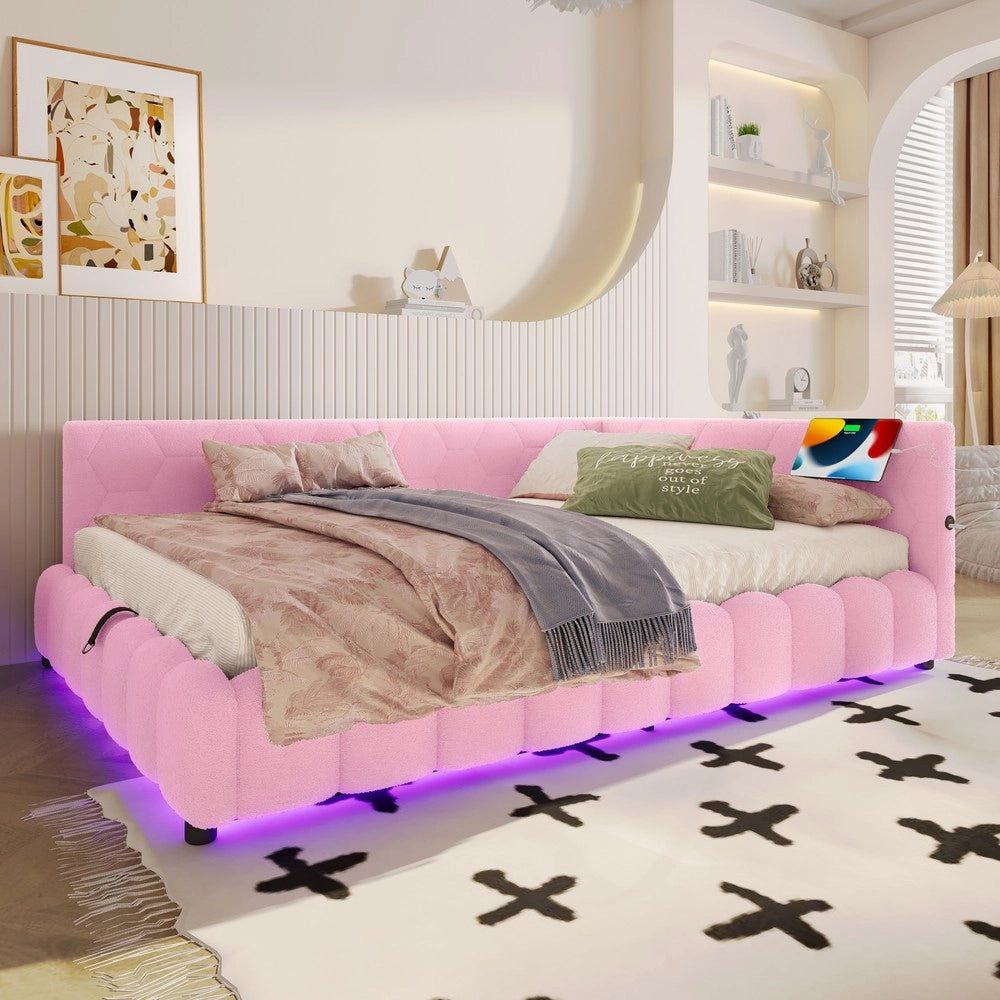 Letto Contenitore Imbottito con LED ¨C MINIMAL ¨C Rosa 140x200, Idraulico, USB