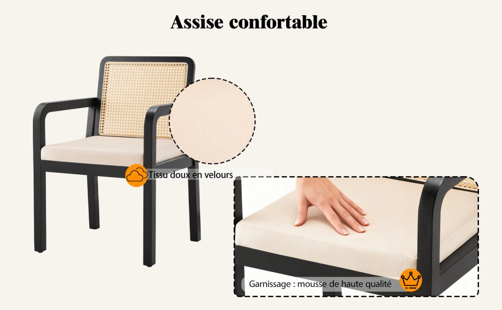 Sedia da Pranzo Imbottita in Velluto con Schienale in Rattan ¨C MINIMAL ¨C Gambe in Legno, Set 4 Pezzi