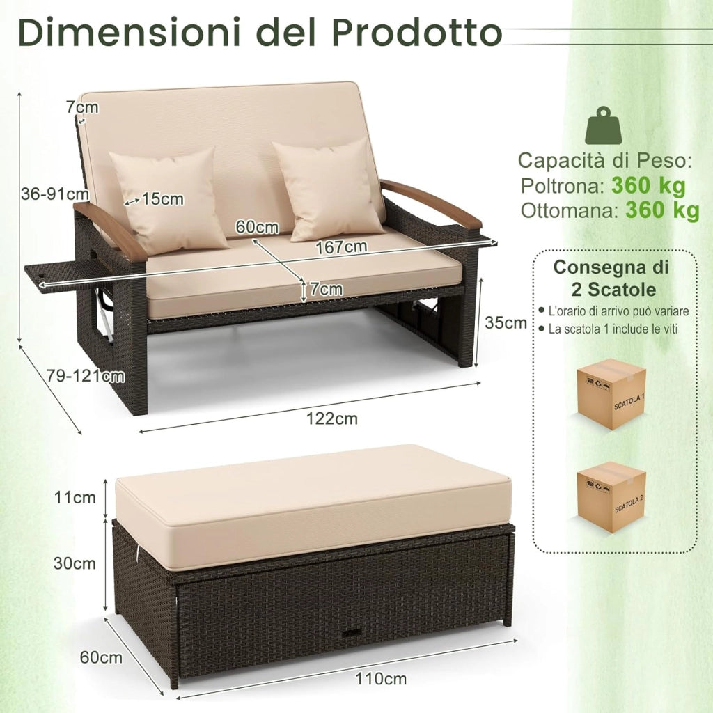 Set Divano da Giardino in Rattan, con Cuscino e Panca Contenitore, Divano Letto con Schienale Regolabile a 4 Livelli e Vassoi Laterali Estraibili, per Giardino Piscina Cortile