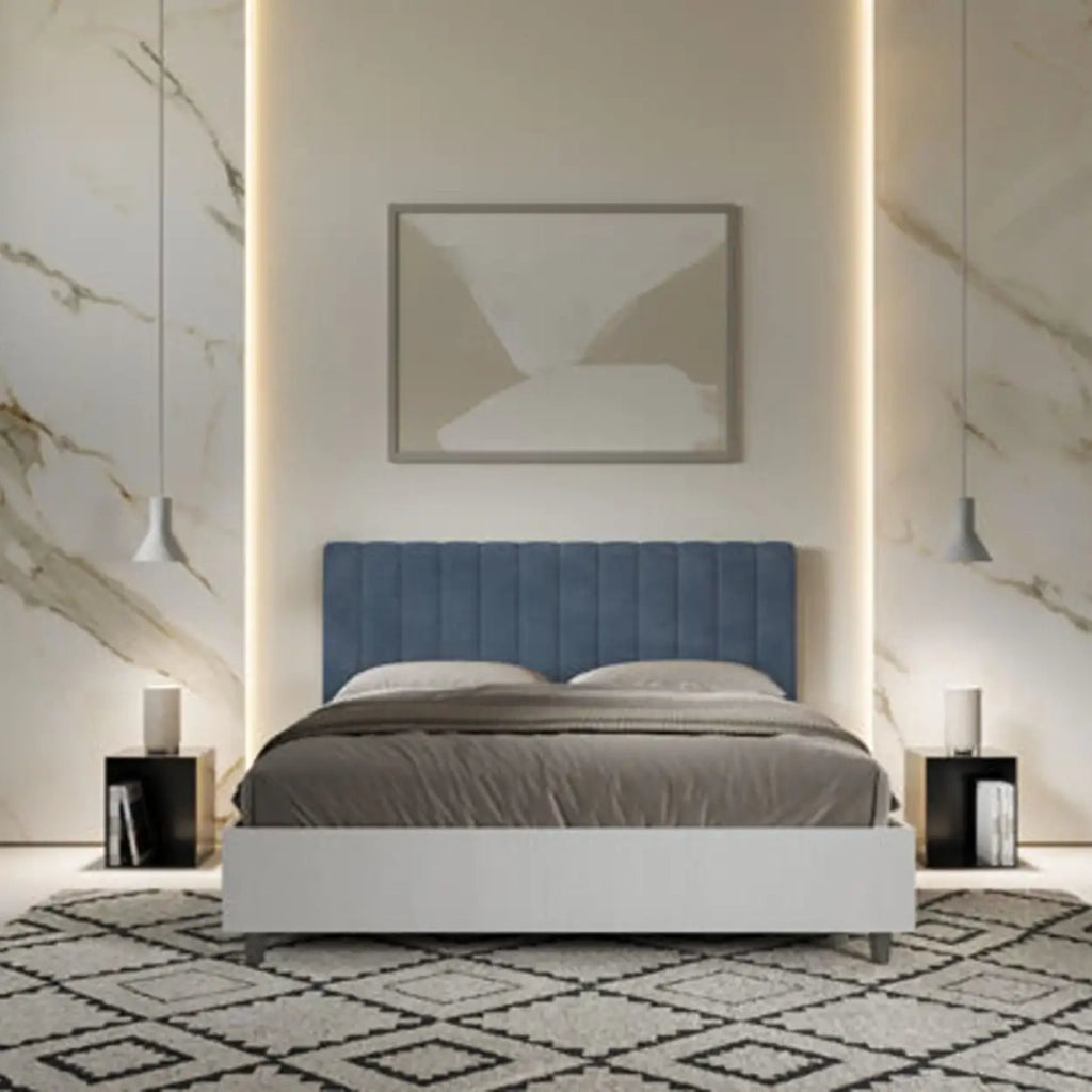 Letto matrimoniale contenitore 160x200 bianco frassino testata microfibra blu Kaia