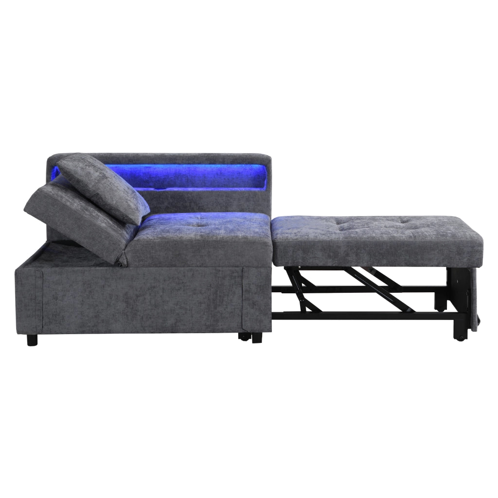 Divano letto 3 in 1 con Schienale Regolabile, USB-C, LED e Cuscino, Imbottito Grigio Chiaro 177 × 68 × 65 cm