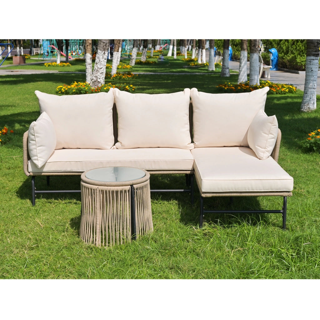 Set giardino: metallo + corda beige; sedute L + tavolo; uso esterno
