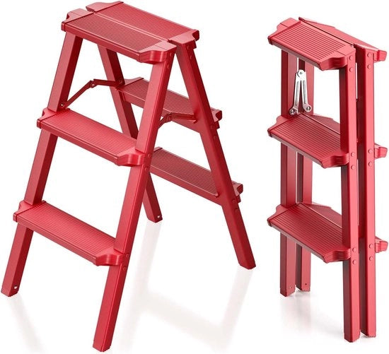 Scala a tre gradini, in alluminio, ripiegabile, piccola scala ripiegabile, massimo carico 150 kg, antiscivolo e stabile (rosso)