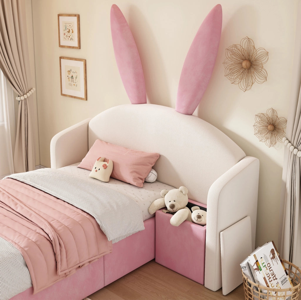 Letto singolo per bambini 90x190 cm in velluto beige e rosa con contenitore idraulico e comodino
