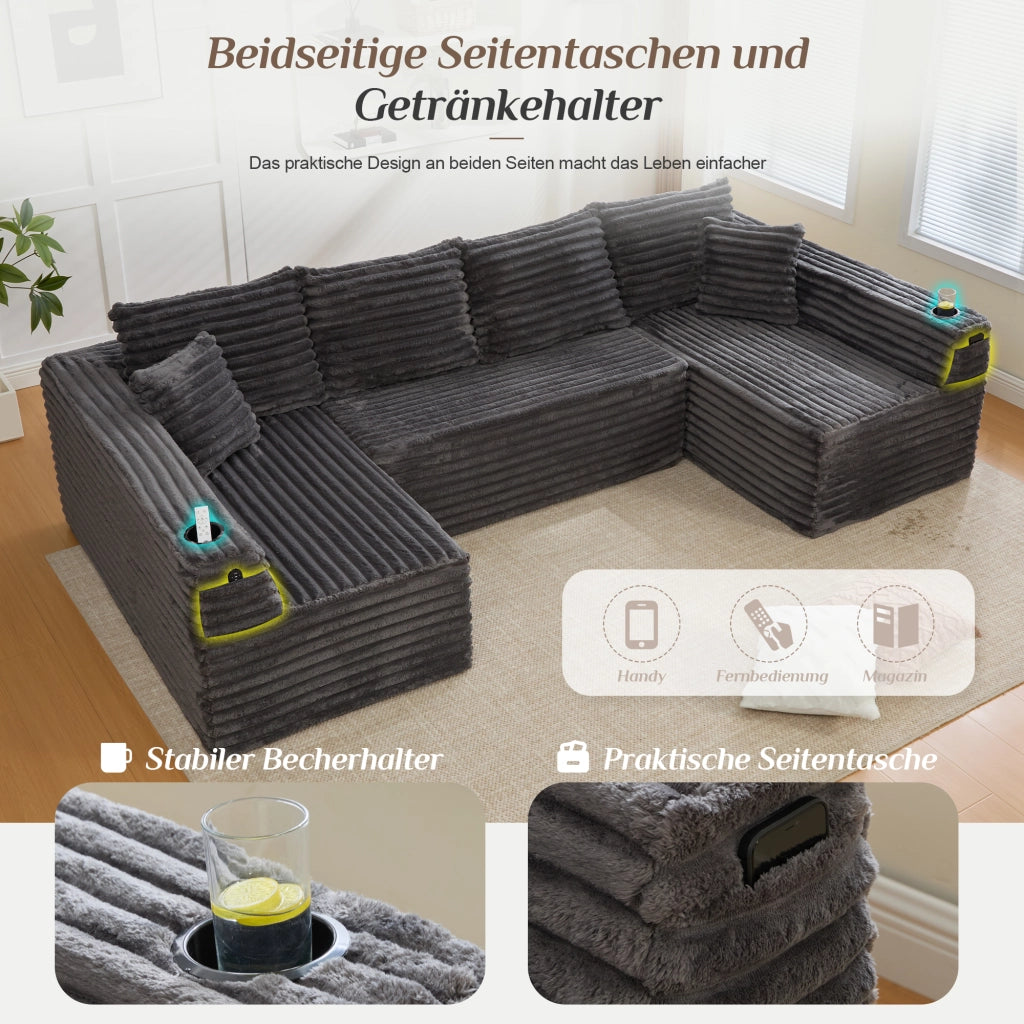 DIVANO modulare a U 320x155x88 cm in corduroy grigio scuro