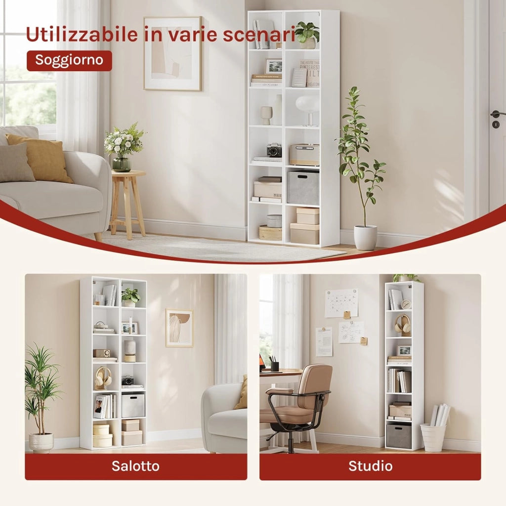 Libreria Verticale a 6 Cubi, Scaffale Alto e Stretto a Colonna, Porta CD e Libri, Mobile Bianco Moderno per Camera, Soggiorno e Ufficio, 30x24x158,5cm SK003ws6