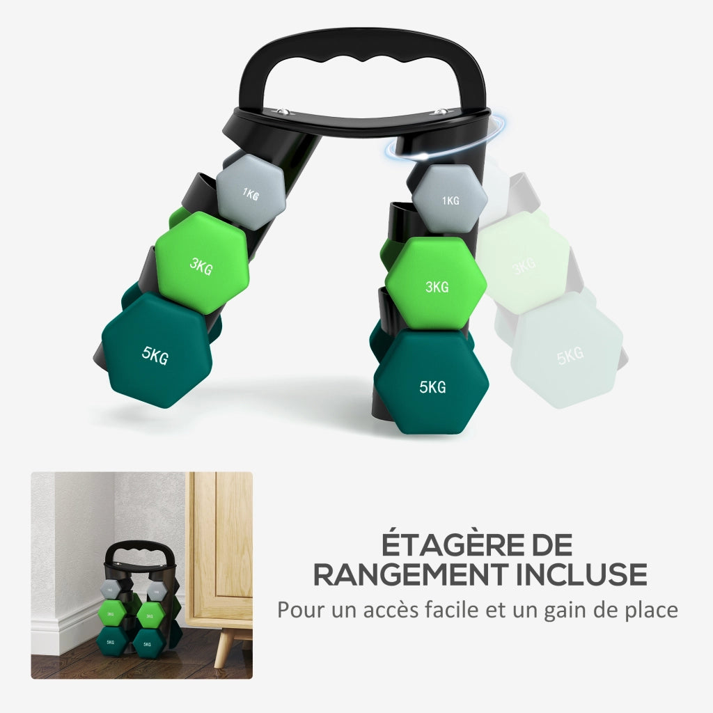 Set di manubri esagonali ¨C zephmum ¨C 2x1 kg, 2x3 kg, 2x5 kg, con supporto