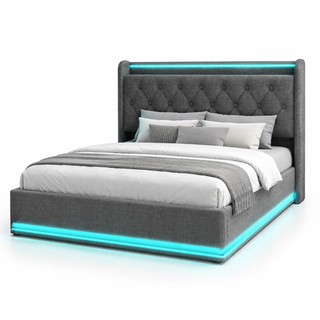 Letto imbottito 180x200 cm grigio in lino con LED; testiera con USB e vano contenitore idraulico