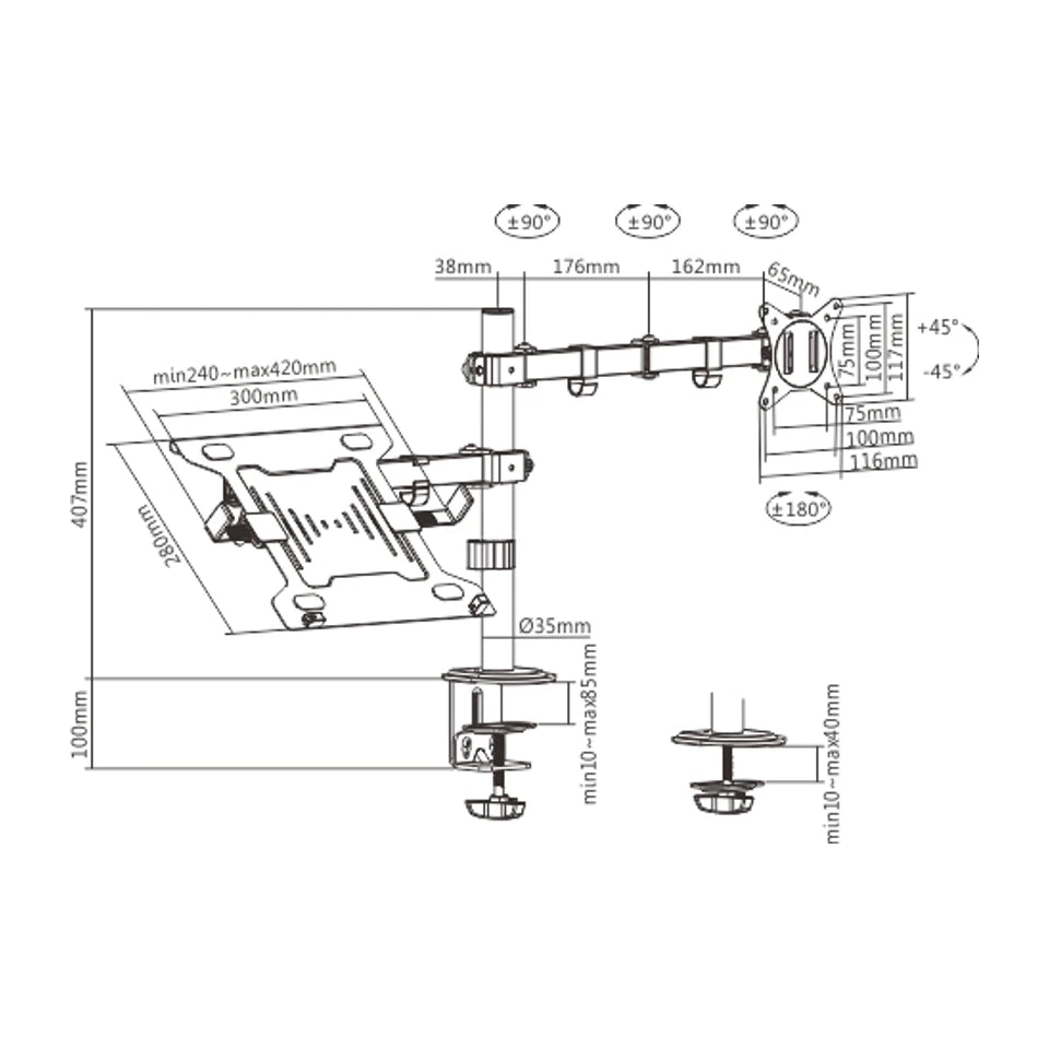 Supporto da scrivania regolabile Gembird MA-DA-03 con braccio per monitor e vassoio per notebook (rotazione, inclinazione, orientamento), 17"-32", fino a 9 kg