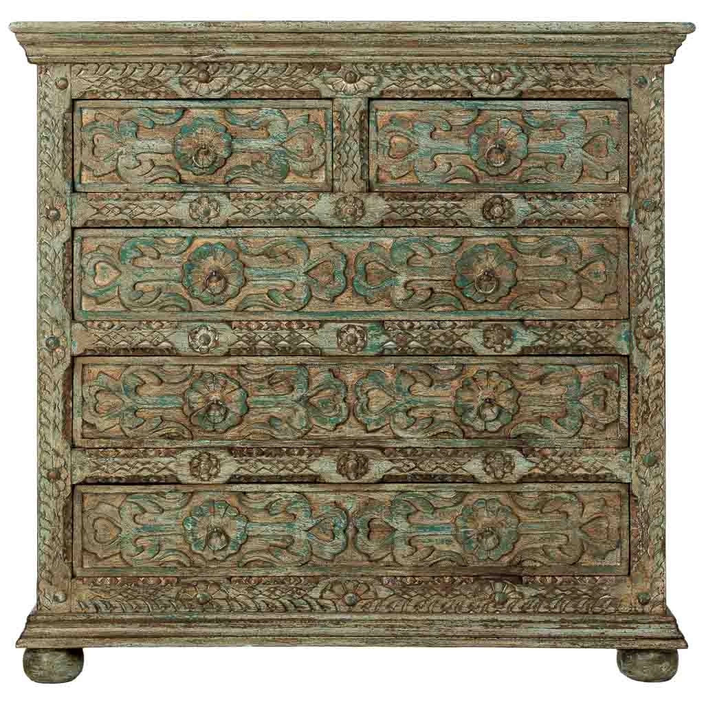 Cómoda de madera artesanal con 5 cajones azul 100x43x95h cm