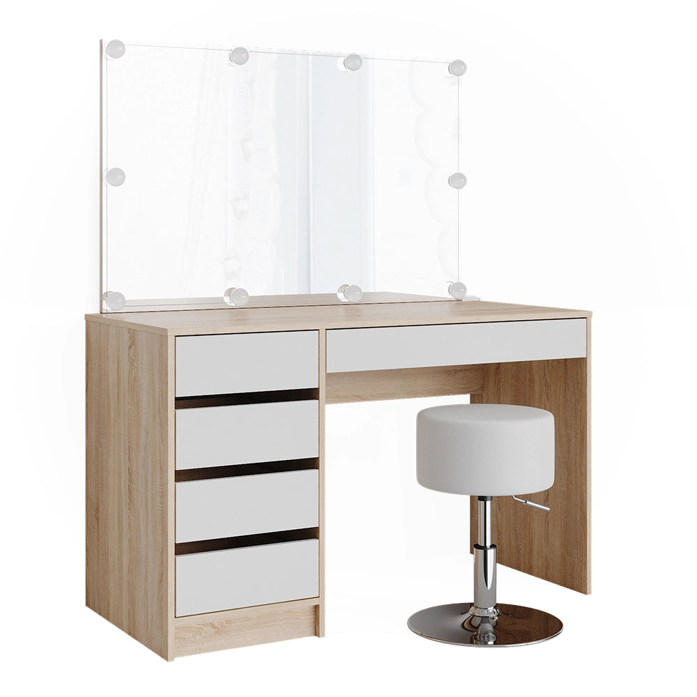 Vicco Tavolo da toeletta Bianco/Sonoma 55 cm con illuminazione a LED e sgabello
