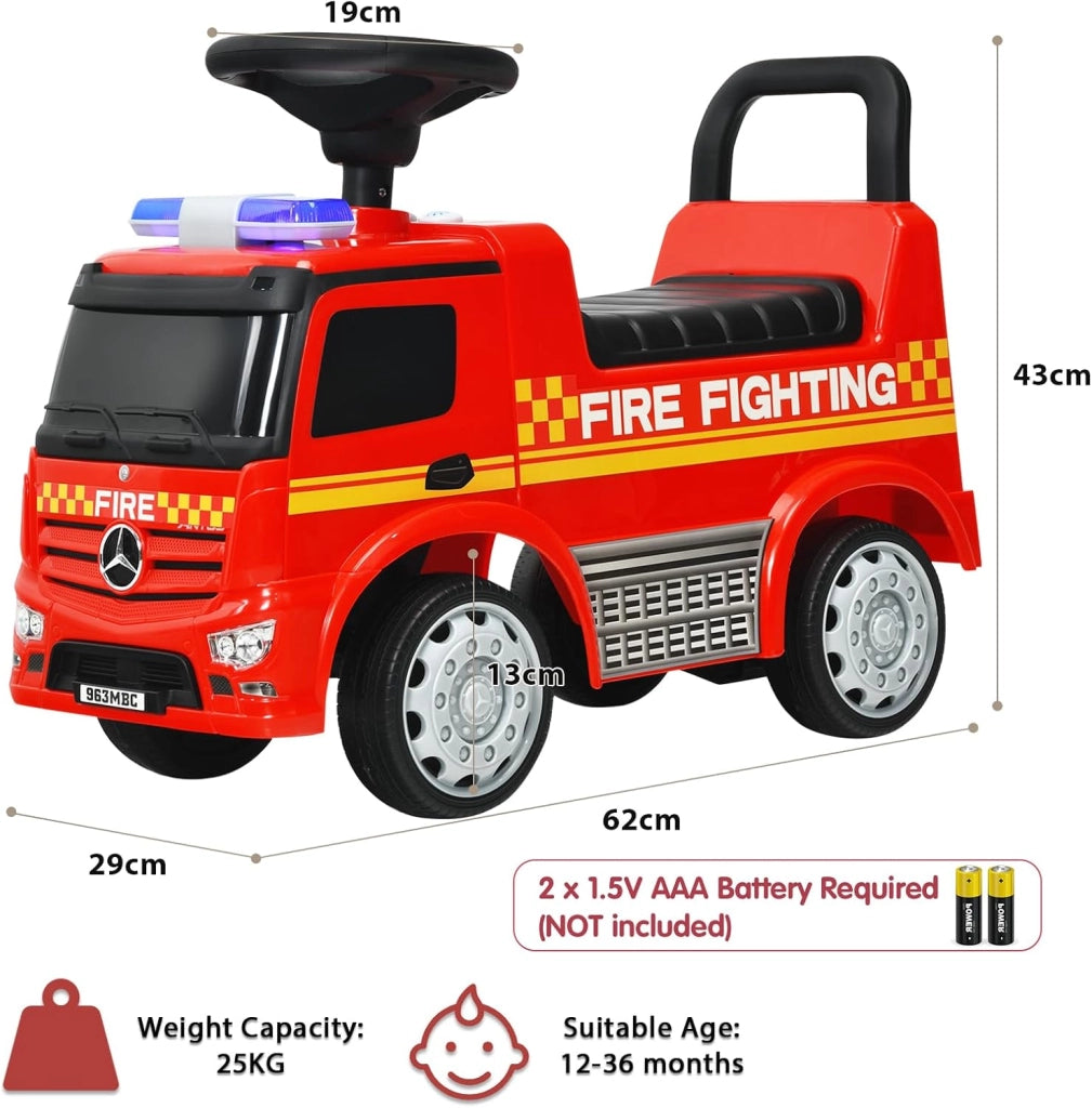 Mercedes-Benz Portatore Bambino, Camion dei Pompieri Guida Realistica con Fuoco di Gravidanza, Clacson e Musica, Spazio di archiviazione nascosto, Capacità massima 25 kg, Regalo per bambini 1-3