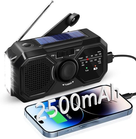 Radio a energia solare con oscillatore AM/FM radio meteo - Batteria 2500 mAh - Torcia - Lampada di lettura per emergenze - Sopravvivenza all'aperto