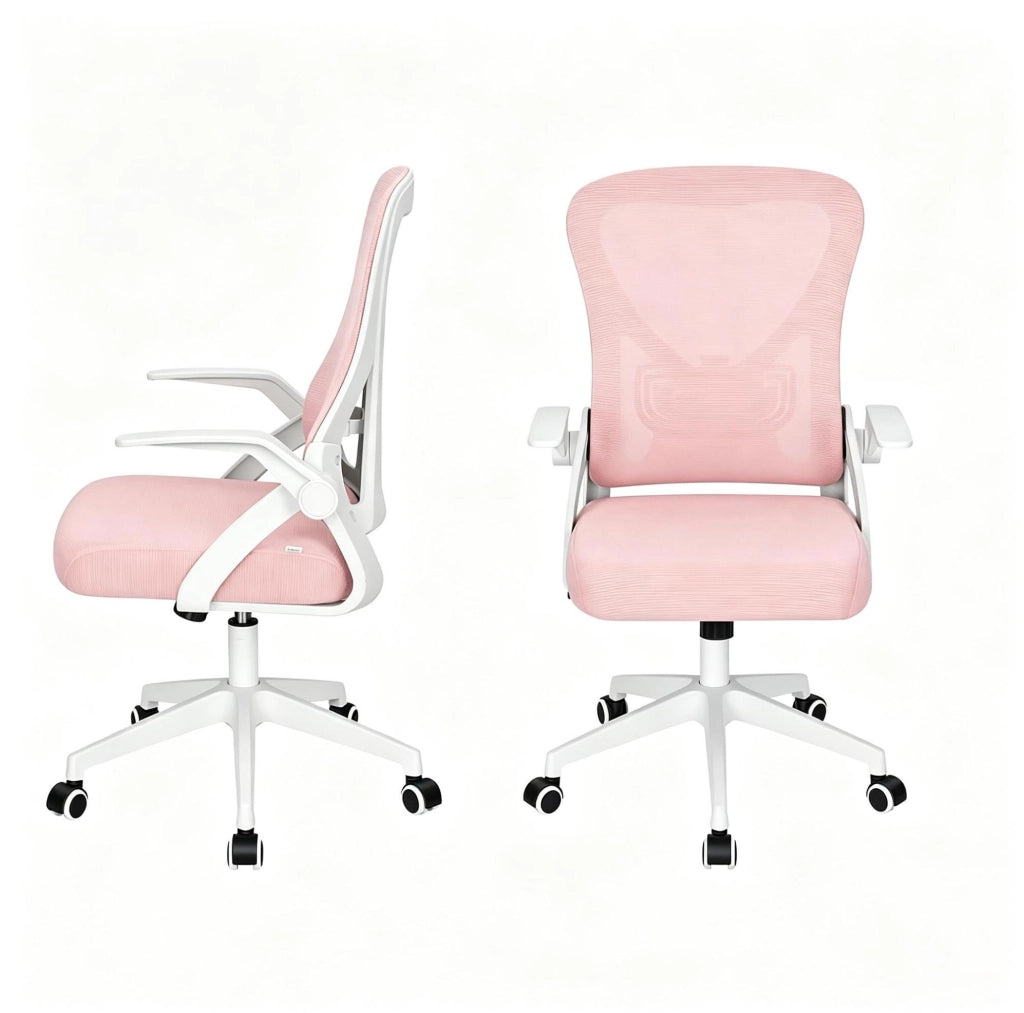 Sedia da ufficio ergonomica rosa con schienale in rete e braccioli pieghevoli, altezza regolabile