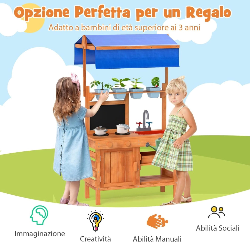 Cucina Giocattolo per Giardino con Attrezzi da Giardinaggio 2 in 1, Cucina per Bambini in Legno di Pino con Tettoia Regolabile, 4 Vasi e Lavagna, Set Cucina con 9 Accessori, 77 x 52 x 135 cm