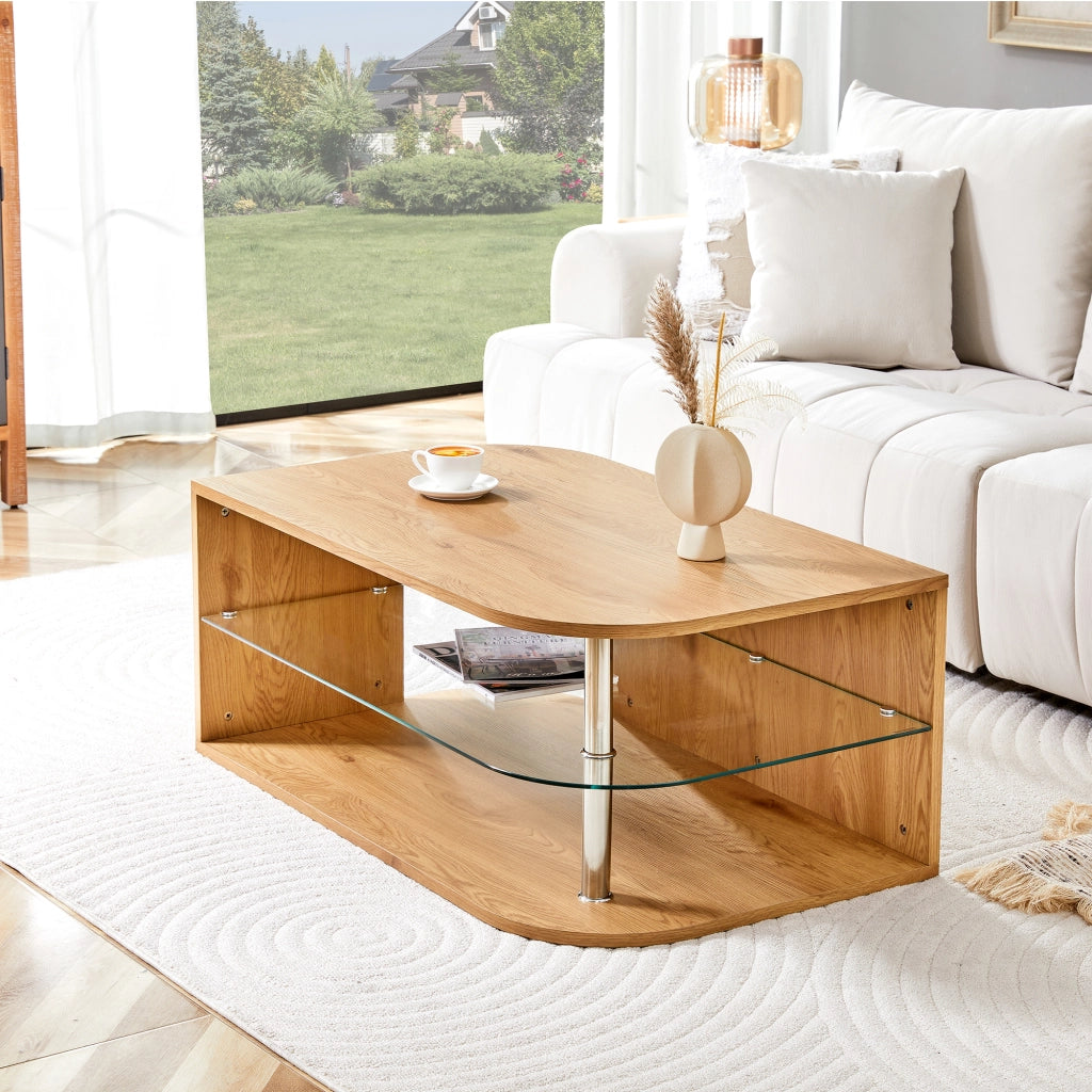 Tavolino basso con doppio ripiano e vano contenitore in MDF effetto legno naturale e vetro 100 × 60 × 42 cm