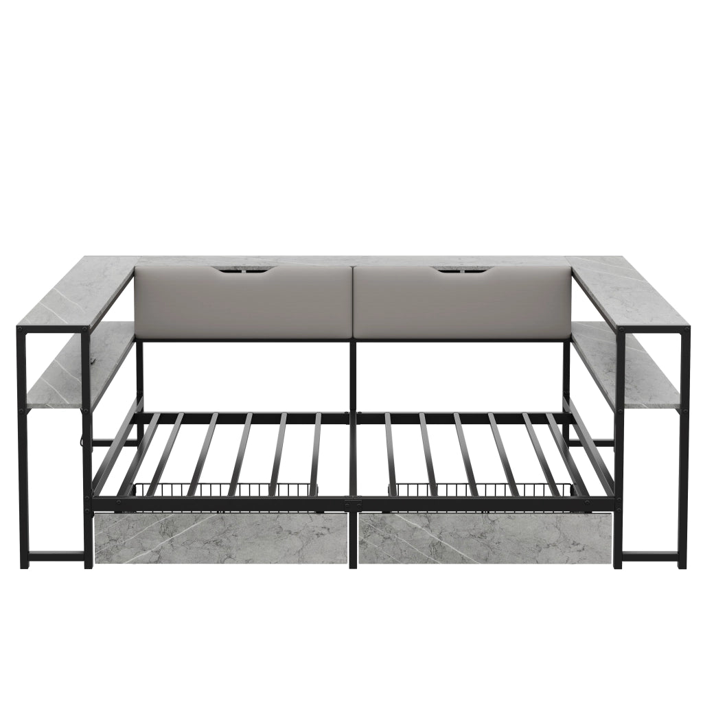 Letto Imbottito con 2 Cassetti e Rete a Doghe in Metallo ¨C MINIMAL ¨C 90x200, Grigio Cemento