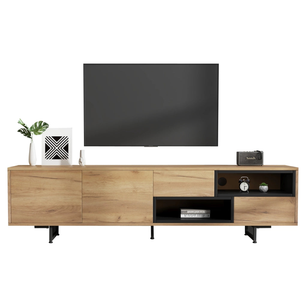 Mobile TV in truciolare effetto legno 173x38x48 cm; con vani aperti; ante e cassetti