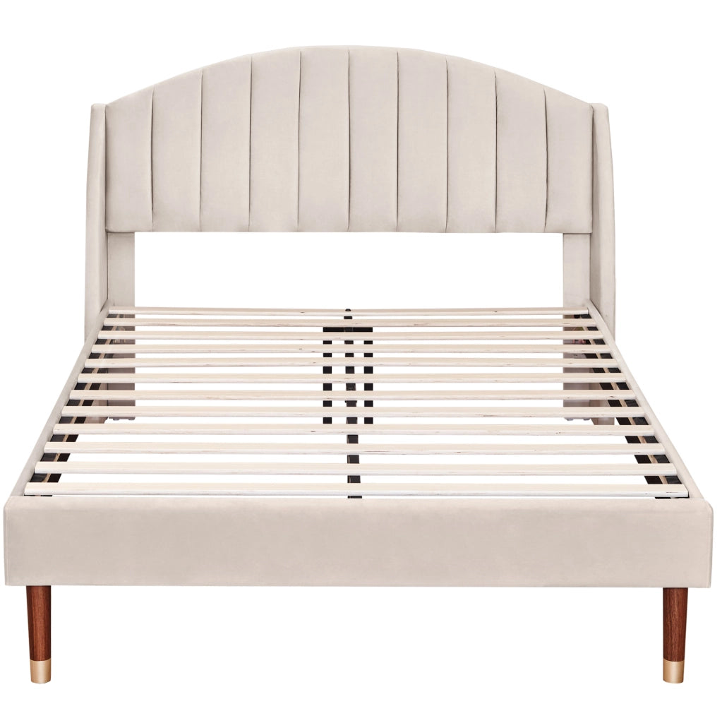 Letto imbottito 140x190 cm; con testiera e rete a doghe; velluto beige