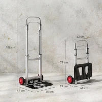 Carrello a Mano Pieghevole in Alluminio, Portata 90 kg con Ruote, Manico Telescopico Regolabile 40x41x108 cm Argento e Nero