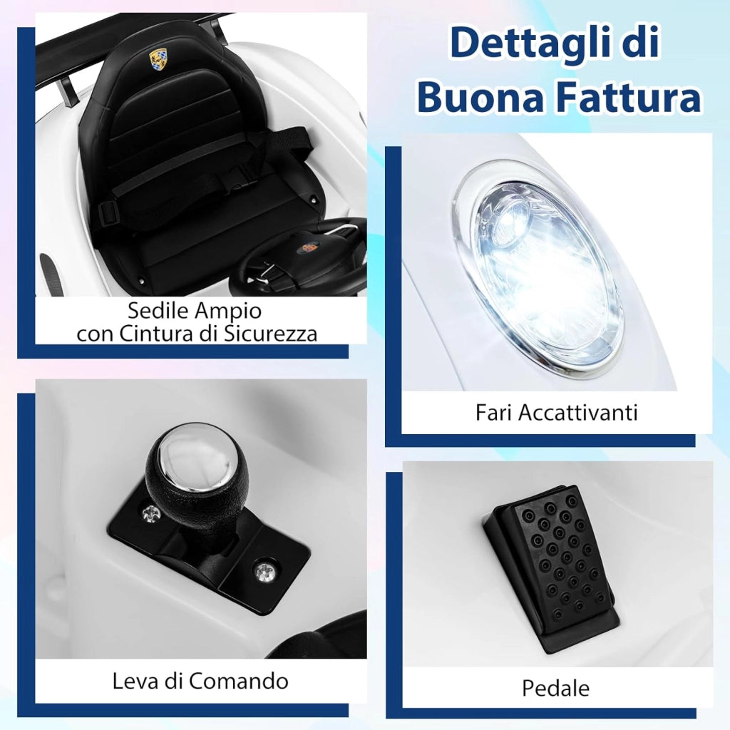 12 V Auto Elettrica per Bambini, Macchina Elettrica Porsche con Licenza Ufficiale, Telecomando, Musica, Luci LED, Clacson e Avvio Morbido, per Bambini 3-8 Anni (Bianco)