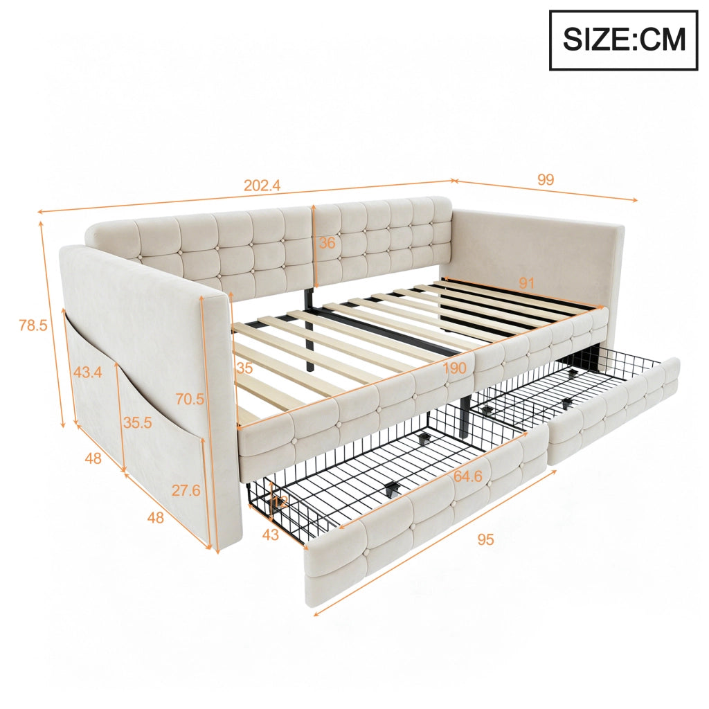 Letto panchina imbottito con 2 cassetti e tasche laterali LEMONMAX; 90x190 cm; sommier a doghe; velluto; beige