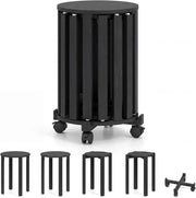 Set di 4 Sgabelli Impilabili 4 in 1, Sgabelli in Legno con Portavaso con Rotelle, 2 Grandi Ø36 cm e 2 Piccoli Ø35 cm, Tavolino Laterale Rotondo per Soggiorno e Camera da Letto (Nero)