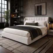 Letto matrimoniale 180 × 200 cm con testiera imbottita e 2 cuscini, senza materasso, in velluto, beige