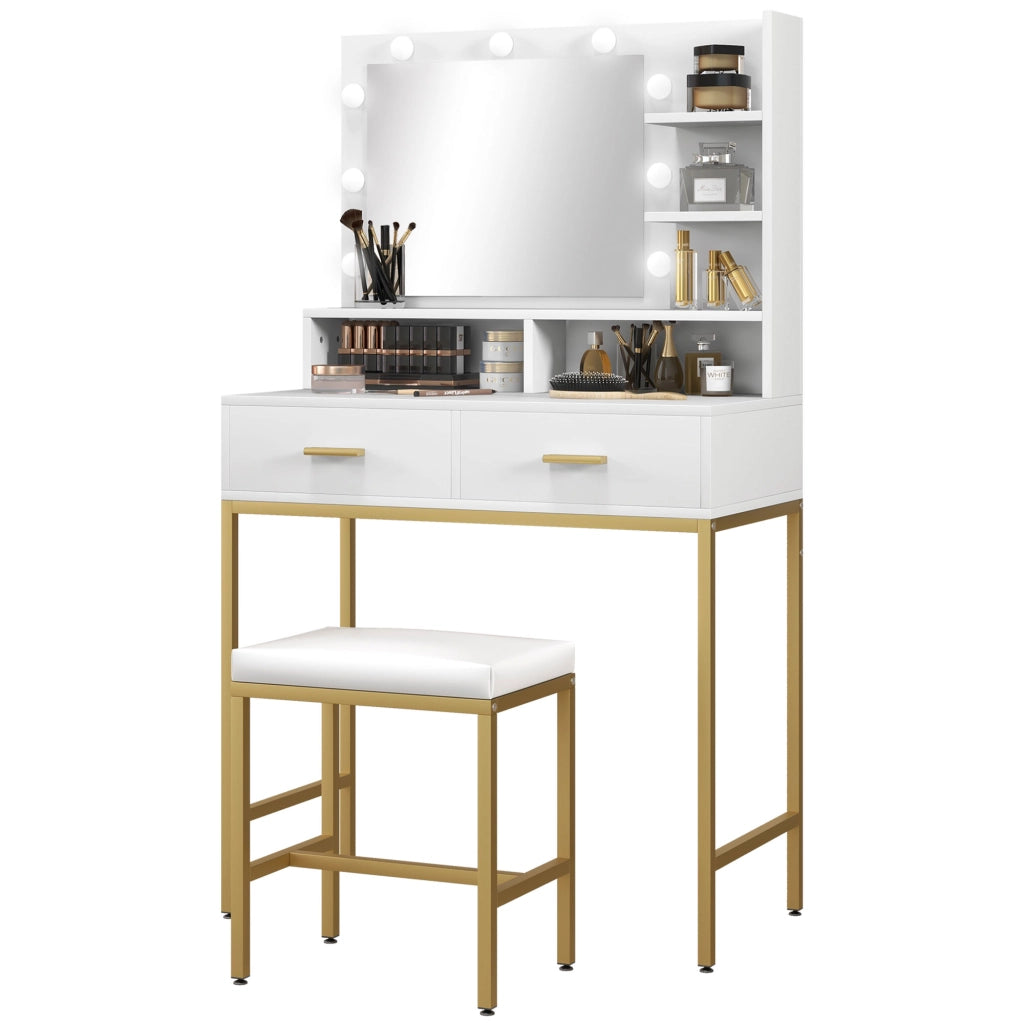 Mobile Toeletta con Specchio, 2 Cassetti, 5 Ripiani e Sgabello, in MDF e Truciolato, 80x40x138 cm, Bianco