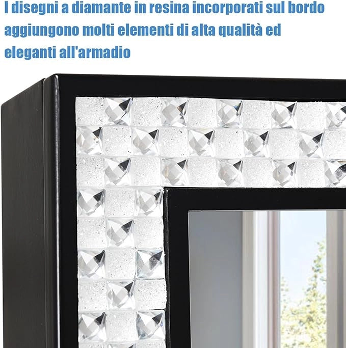 Armadio per Gioielli, Armadietto Portagioie con Specchio a Figura Intera, Organizer Spazioso per Gioielli, per Camera da Letto e Salotto, 35,5 x 33 x 153 cm (Nero)