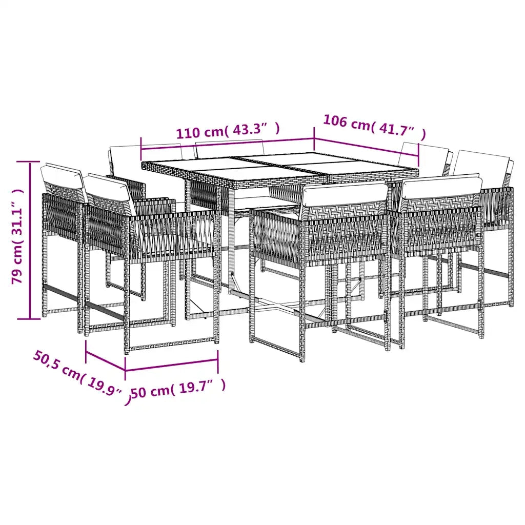 Set da Pranzo da Giardino 9pz con Cuscini Marrone in Polyrattan 3211557