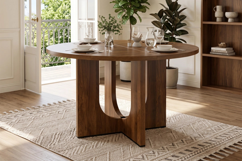 Tavolo da pranzo per 4-6 persone con piano rotondo, stile nordico, in MDF, colore noce, diametro 120 cm