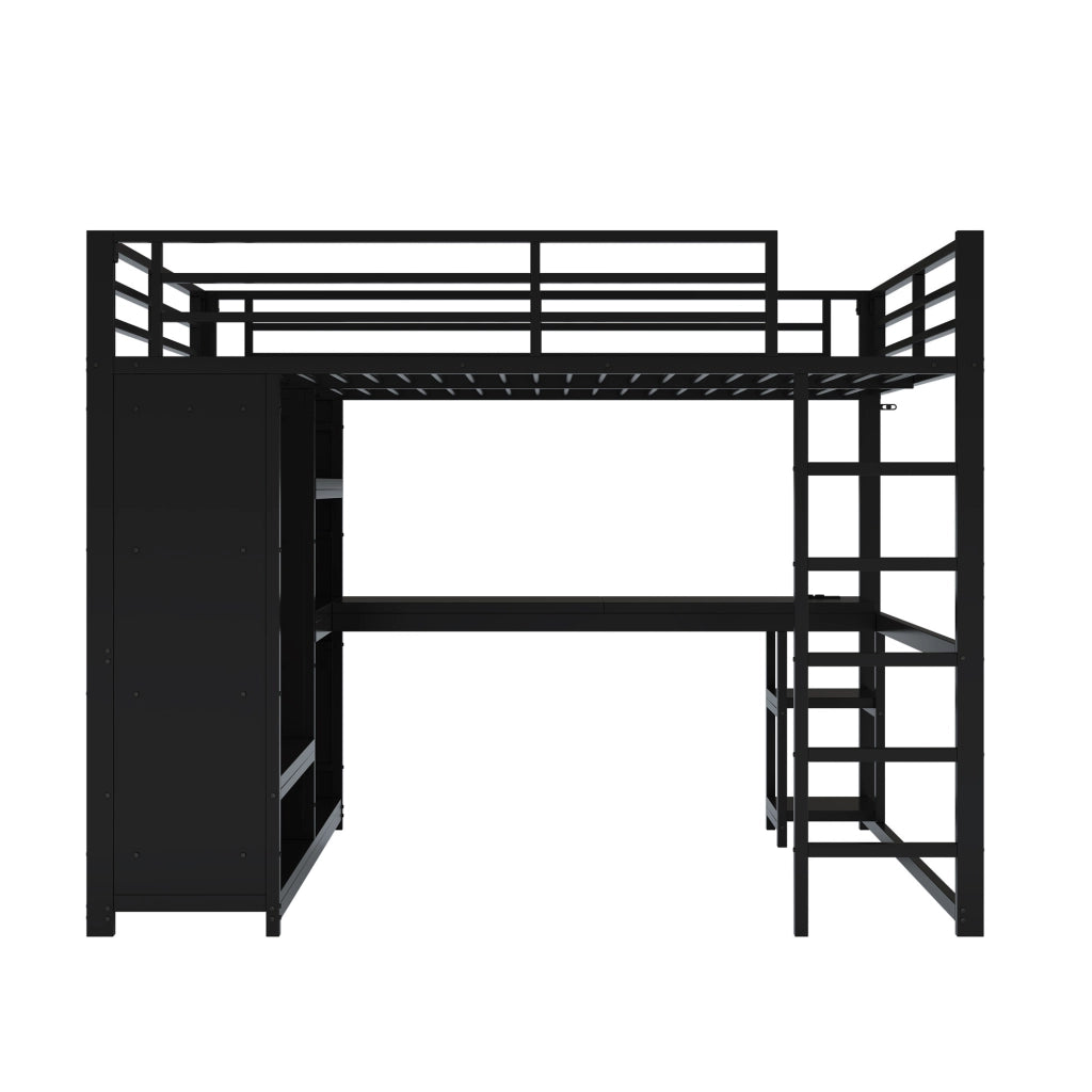 OKWISH Letto a Soppalco, Letto Matrimoniale con LED, Scrivania, Armadio Aperto e Ripiani, 160×200 cm, senza Materasso, Nero