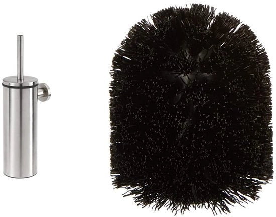 Borsetto per wc con supporto, in acciaio inox lavorato a mano & testa di spazzola per wc, spazzola di ricambio in plastica, nero, adatto per diverse serie