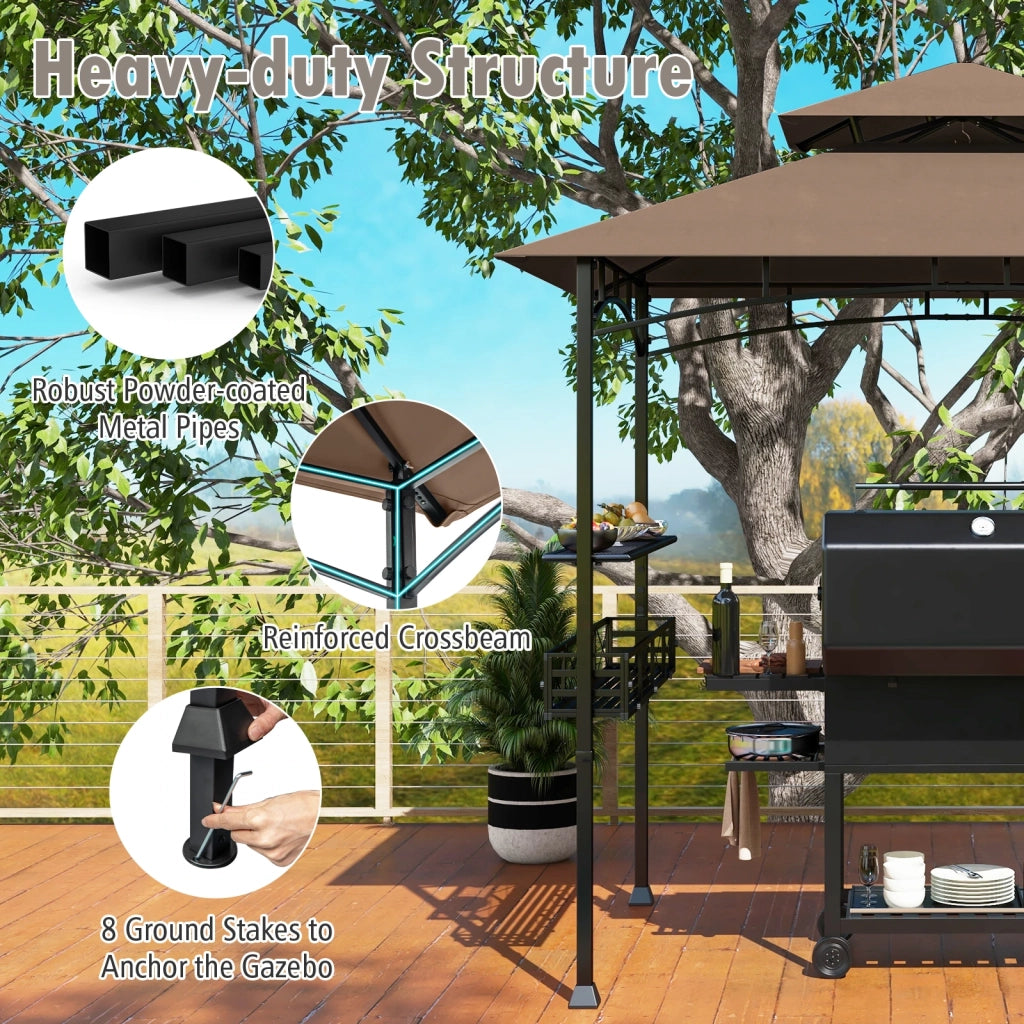 Gazebo per Barbecue da Giardino 8 x 5 Feet Marrone con 2 Ripiani Laterali e Ganci Resistente per Esterno