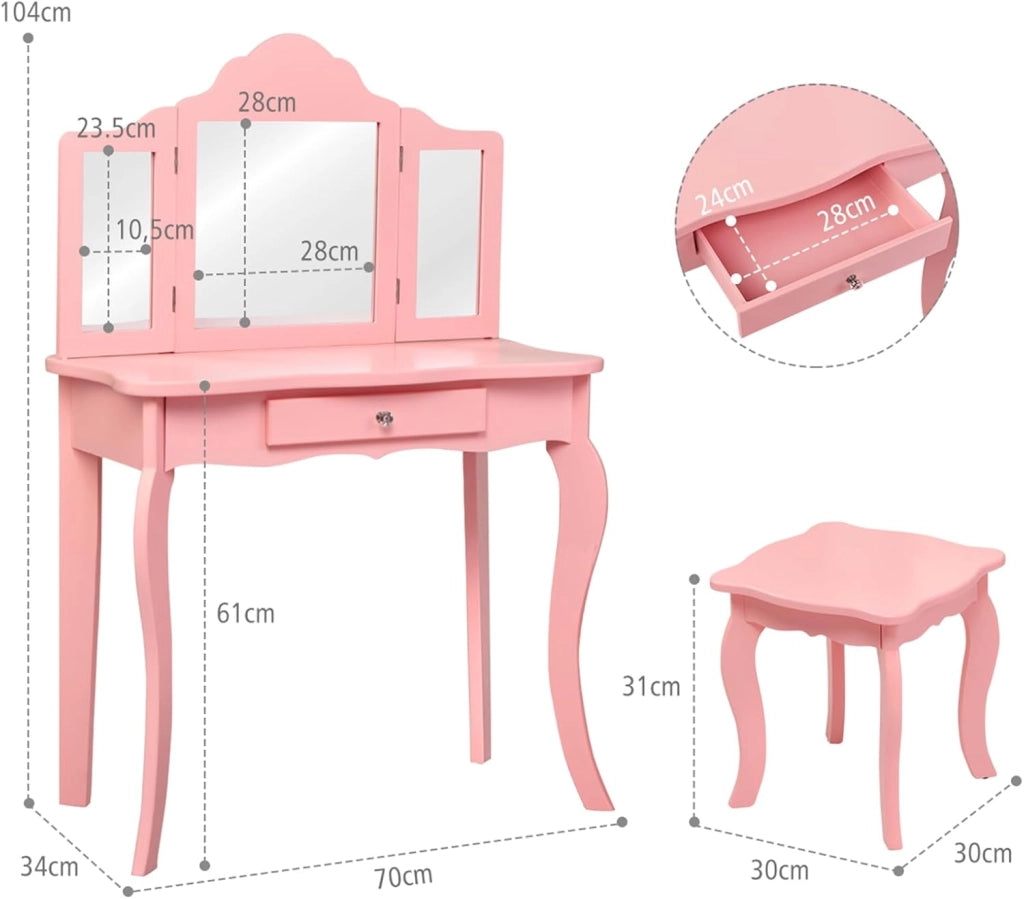 2-in-1 Toeletta Trucco Bambina, Tavolo da Trucco per Bambini con 3 Specchio e Sgabello, Postazione Trucco con 1 Cassetto, 3-7 Anni (Rosa)