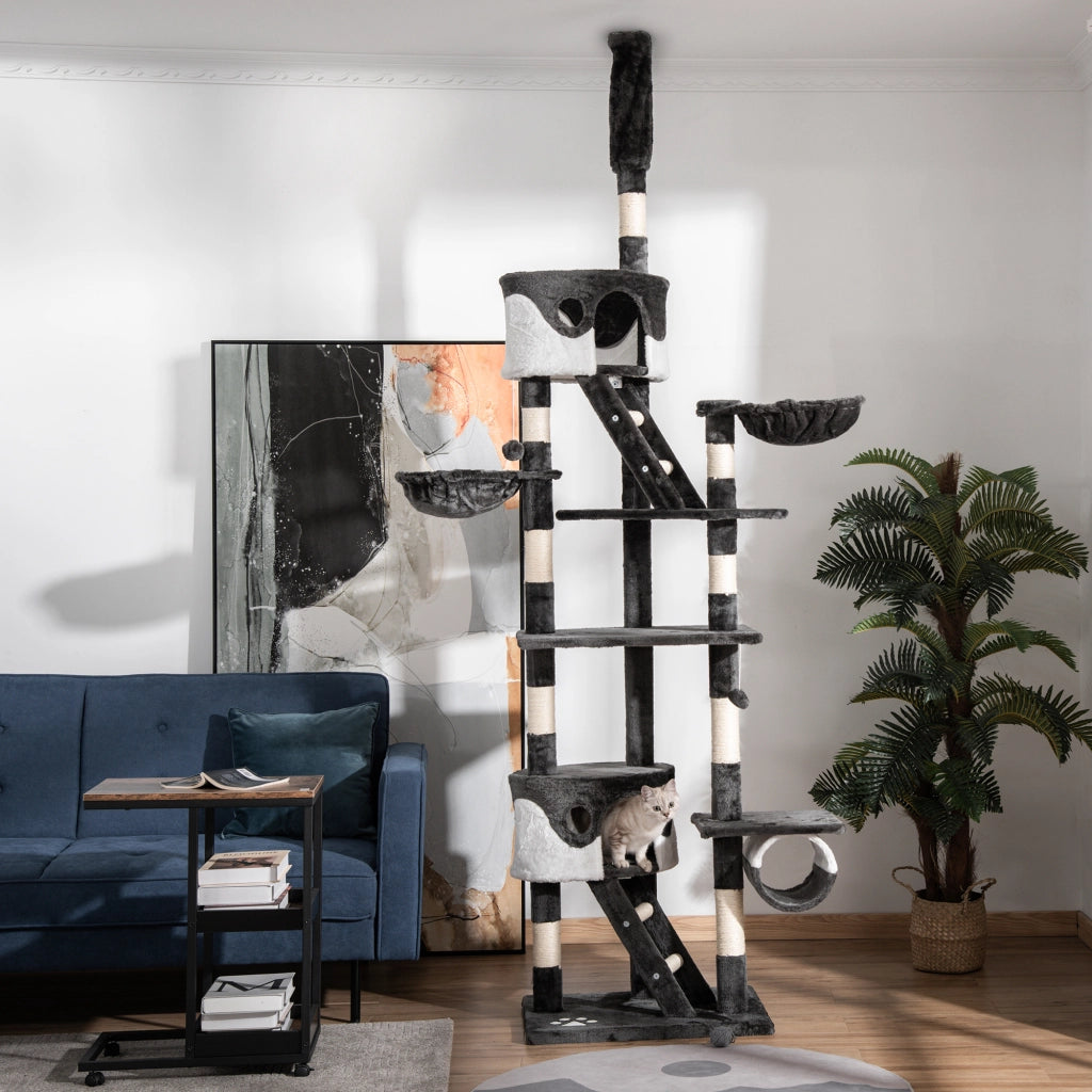 EasyComfort Tiragraffi per Gatti a Soffitto con Altezza Regolabile 240-260 cm, Albero Tiragraffi per Gatti Multilivello con Cucce, Amache e Scale, Corde in Sisal, Grigio Scuro e Bianco