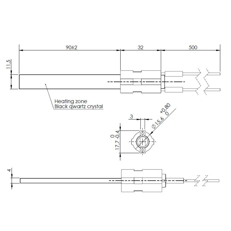 Resistenza accensione per stufe a pellet in cristalli di quarzo nero, con flangia PS14-230-300 122mm 300w