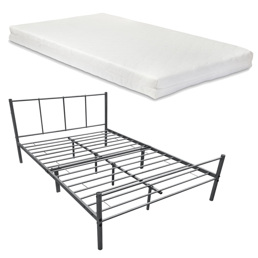 Struttura Letto in Metallo con Testiera e Pediera con Materasso a Schiuma Fredda 120 x 200 cm Letto 1 Piazza e Mezza per Adulti/Ragazzi - Grgio Scuro