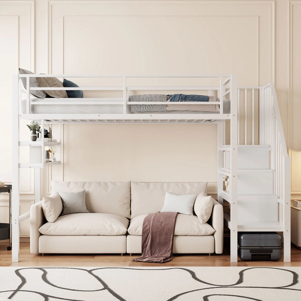 Letto a soppalco per bambini 90x200 cm con scaffali e scala contenitore; bianco; in metallo e MDF