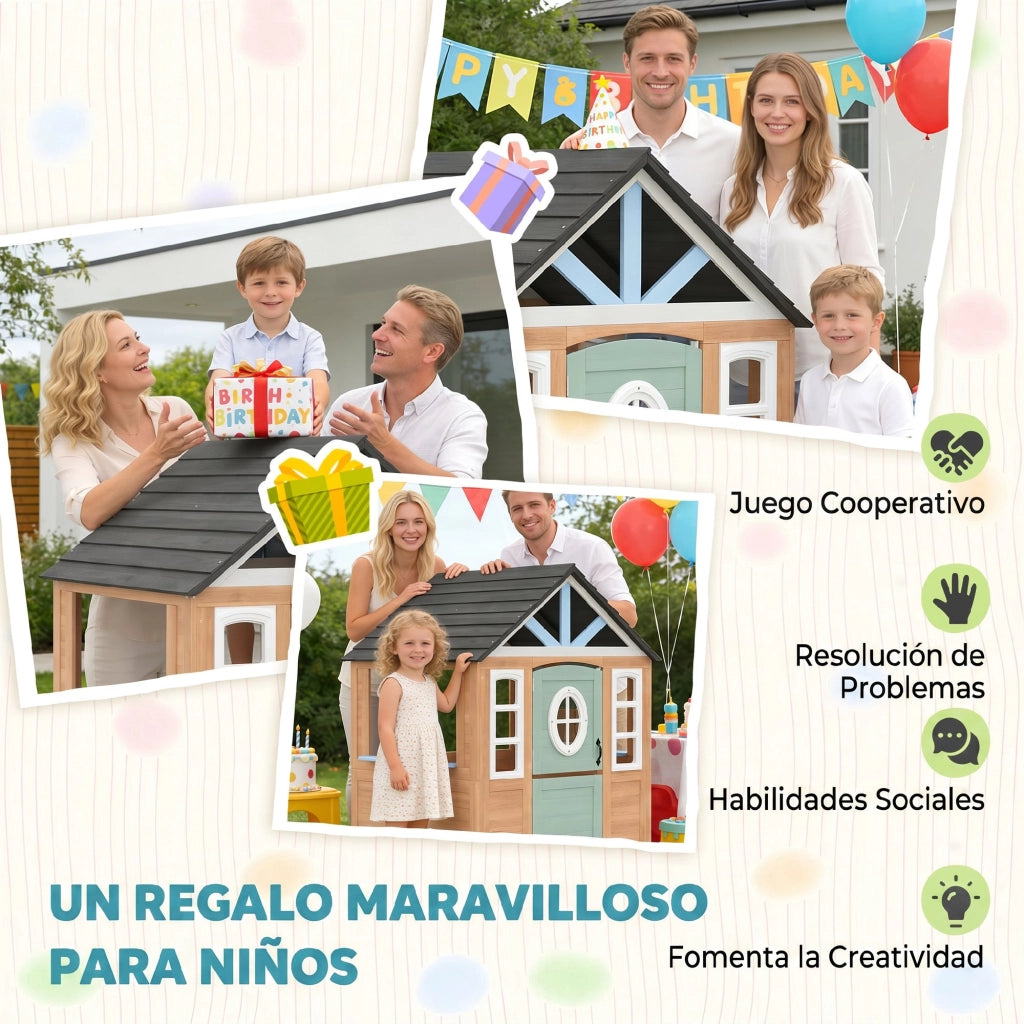 Casetta in Legno per Bambini con Cucina Giocattolo e Porta per Animali ¨C ZephMum ¨C Naturale