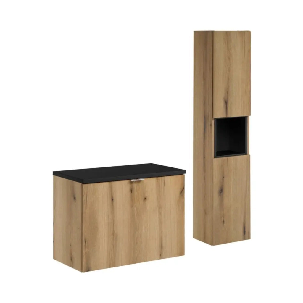 Set bagno VANO effetto rovere e nero 110cm: mobile sotto lavabo con armadietti + piano per lavabo + colonna