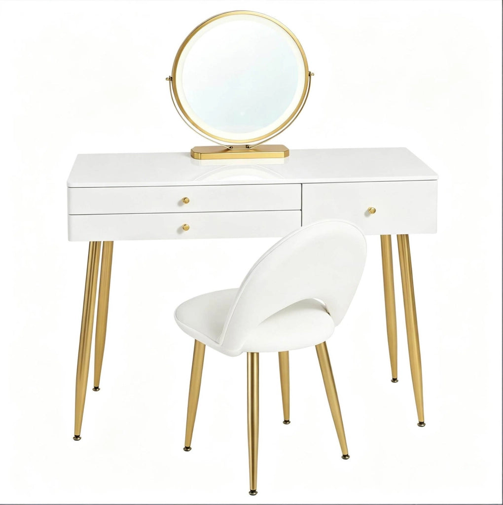 Tavolo trucco con specchio LED, 3 cassetti e sedia