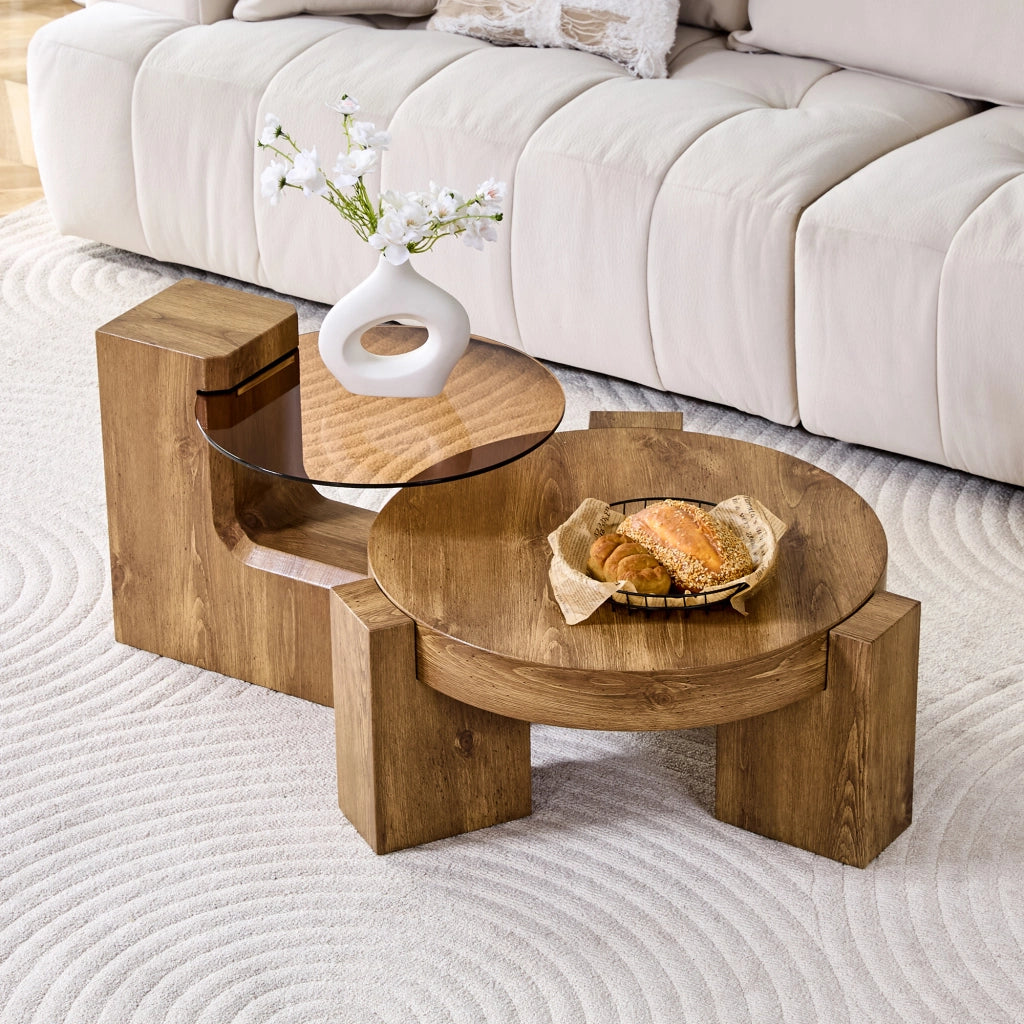 TAVOLINO Set da 2 pezzi rotondo a due livelli 61 cm MDF effetto legno e vetro marrone