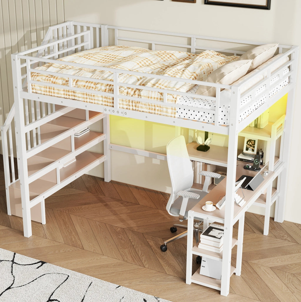 Letto a soppalco 140x200 cm con scrivania, scala contenitore e LED in metallo e MDF bianco