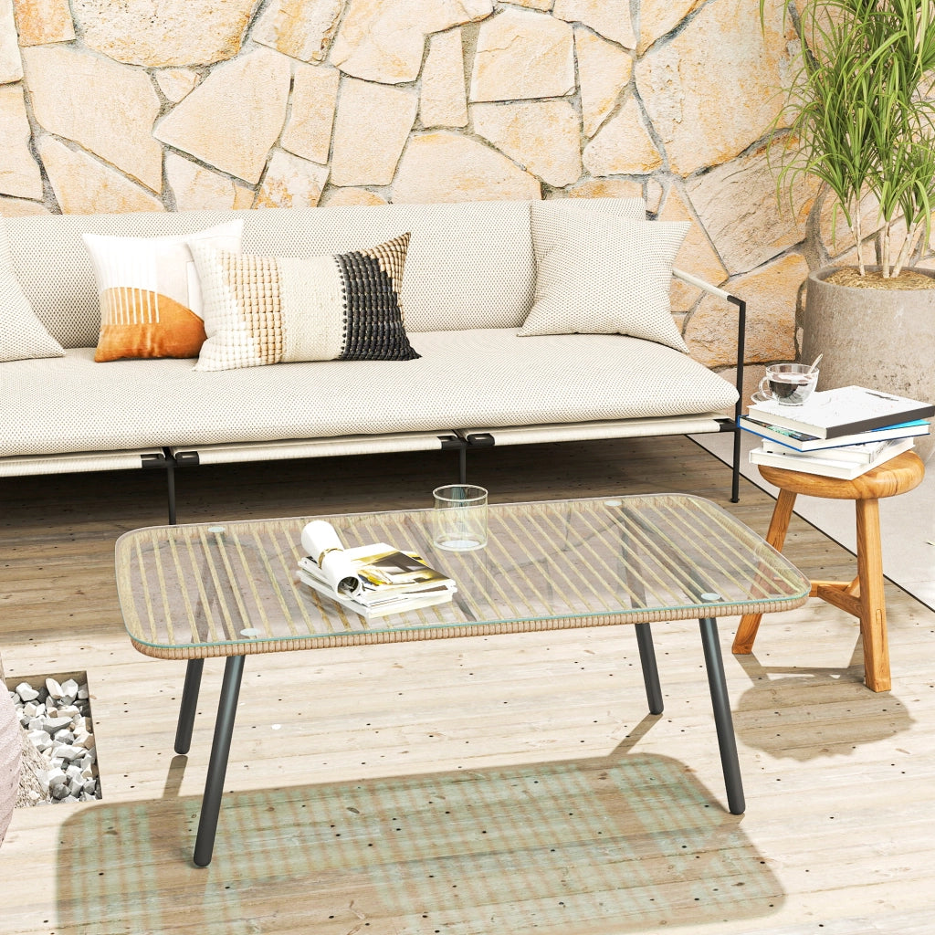 Tavolino da Giardino 110x60x40 cm in Rattan PE con Piano in Vetro e Acciaio Legno Naturale